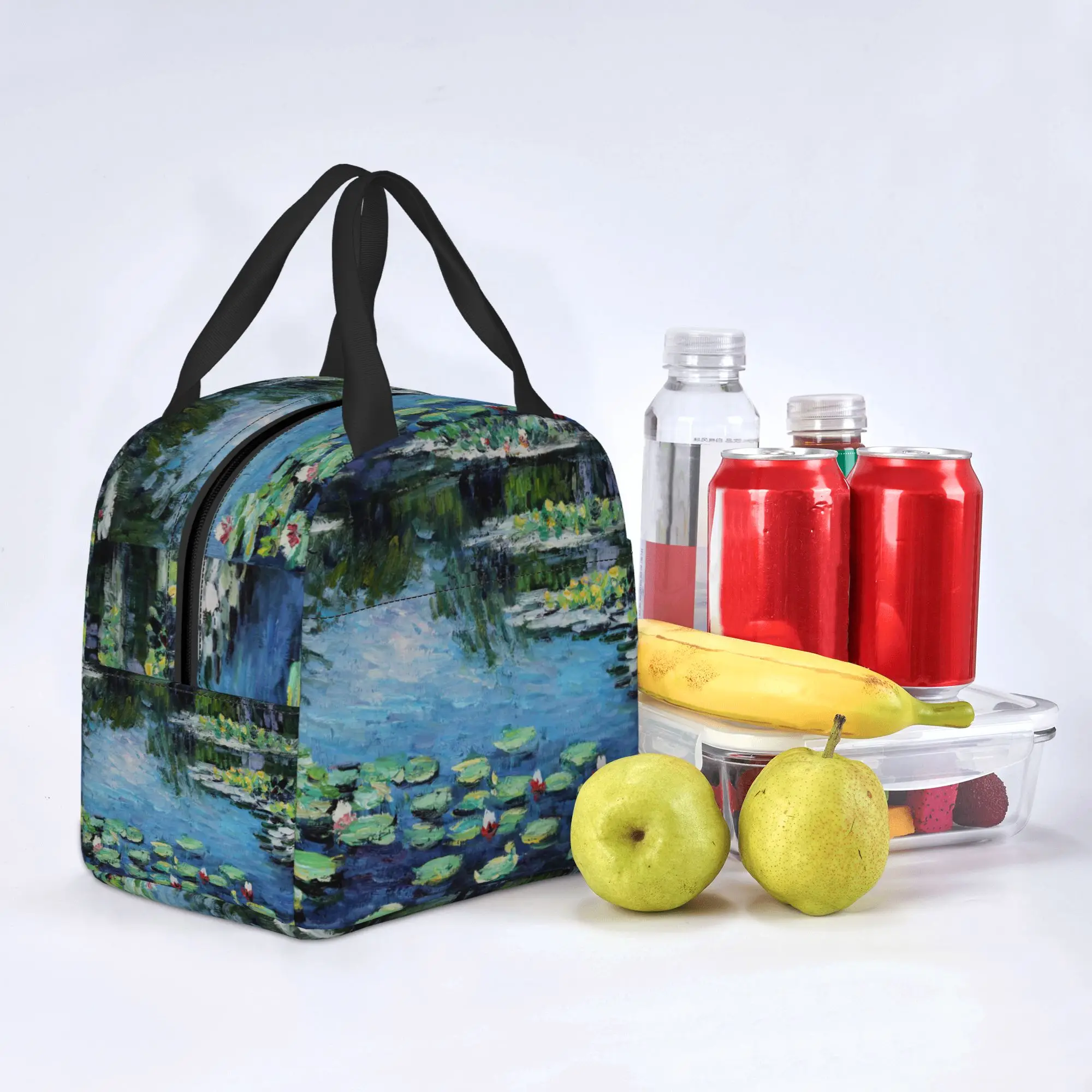 Monet-Bolsa de almuerzo con estampado de flores de loto para hombre, mujer y niño, bolsa pequeña para Picnic al aire libre, trabajo, escuela, regalo