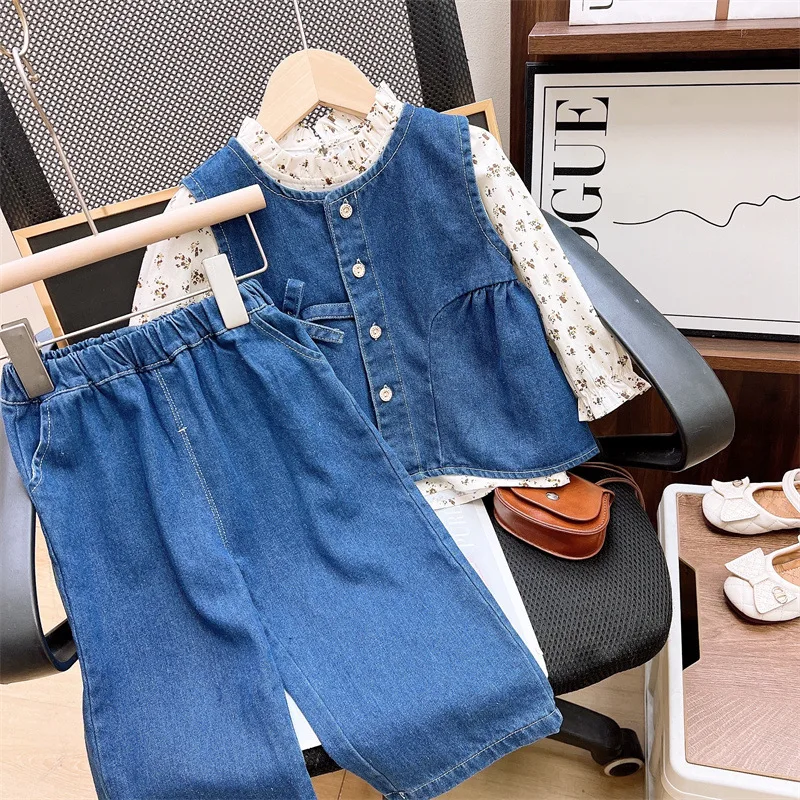 Girls 2025 spring  autumn new children's clothing female treasure floral shirt denim vest pants 3-piece set tide 100-140cm