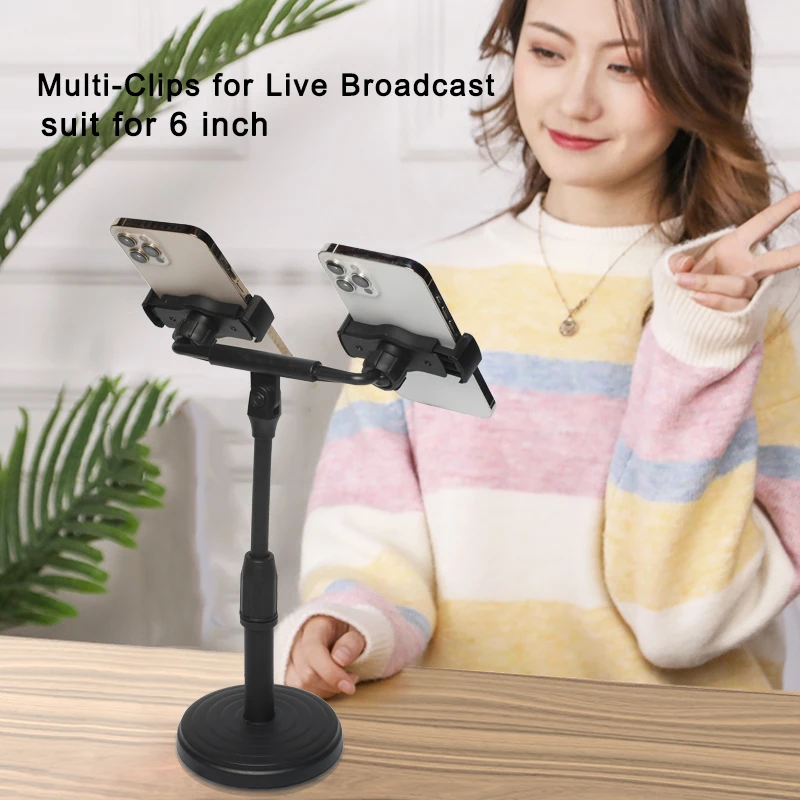 FREEBOSS البث المباشر حامل هاتف قاعدة مستديرة قابل للتعديل زاوية الارتفاع دعامة هاتف محمول مع 2 كليب ميكروفون حامل KT-22A