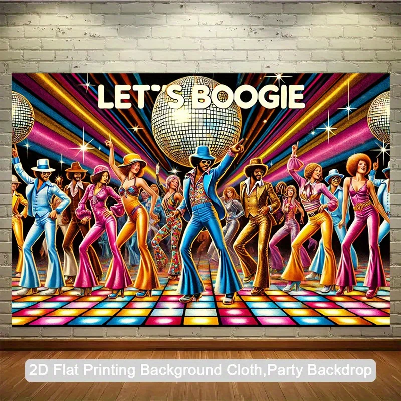 1 pieza de pancarta plana 2D - Pancarta de fondo para fiesta disco - Diseño retro con temática disco de los años 70, diseño de "Let's Boogie"