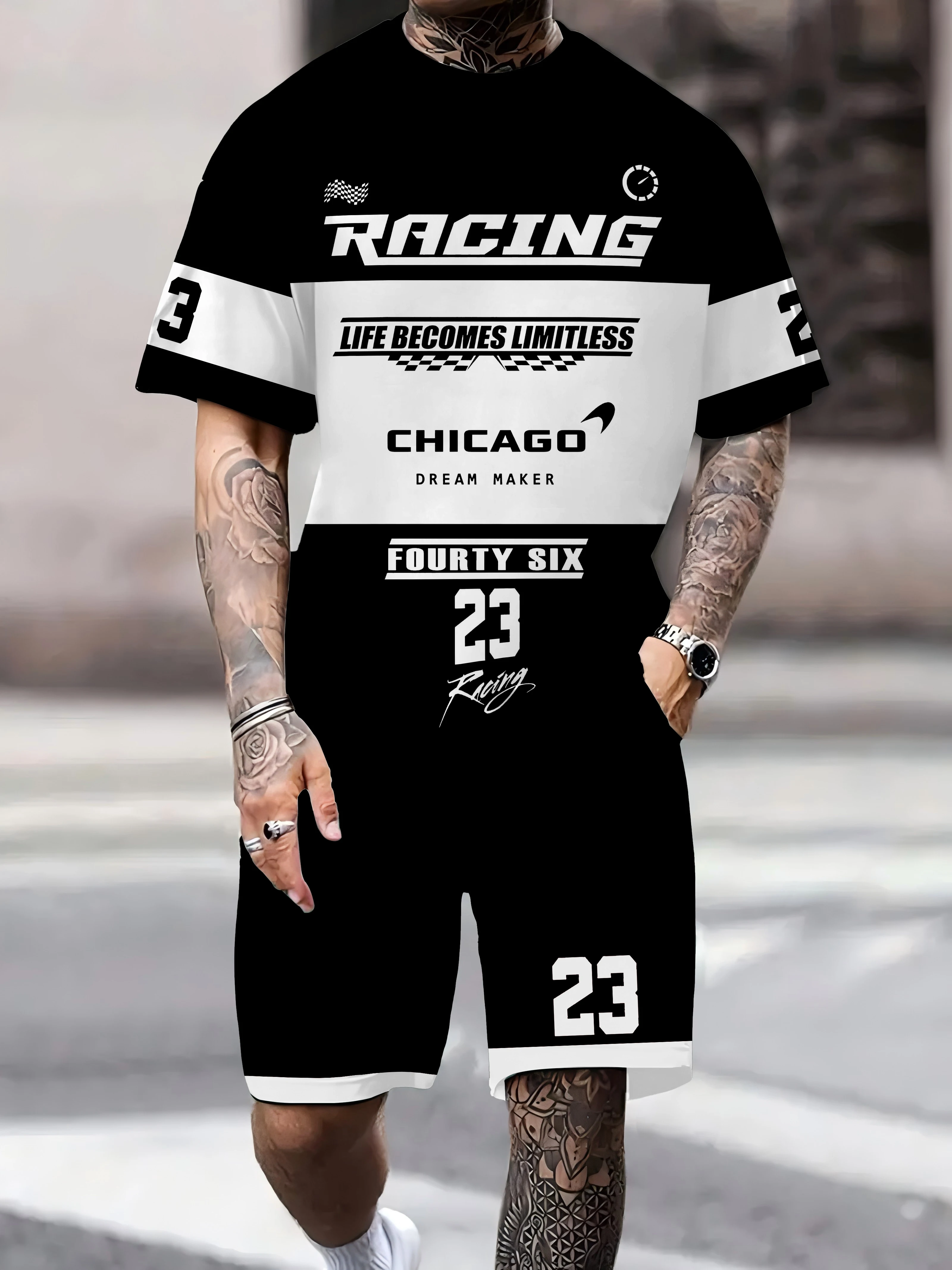

Summer 2025 New Men's Motorcycle Racing Set, 3D Digital Printed Round-neck Sporty Neutral Short-sleeved Set