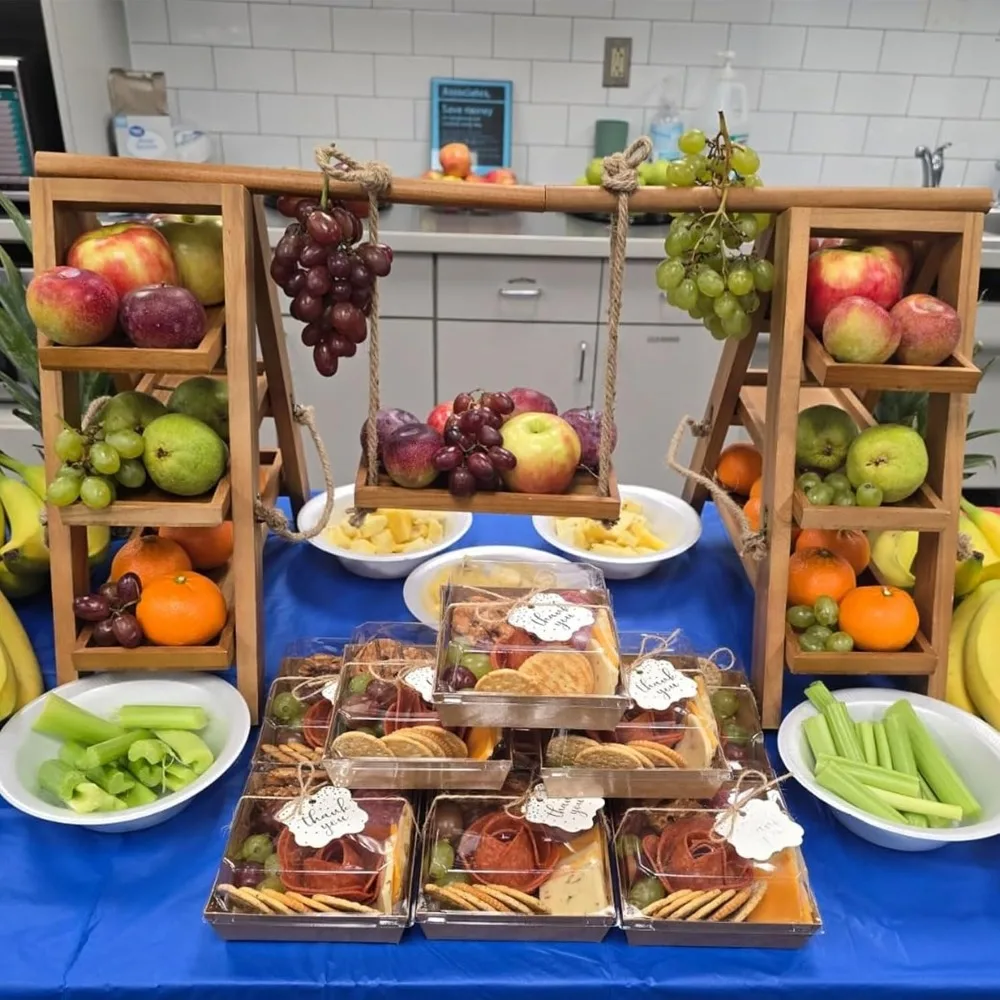 حامل كب كيك من 3 طبقات - حامل عرض خشبي للحلويات والفواكه والمكسرات والجبن - صواني قابلة للإزالة وحامل قابل للطي - مثالي لـ