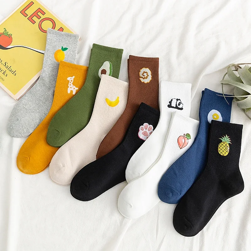 Funny Kawaii Women Crew Socks Happy Japanese Korean Style Fruit Peach Banana Avocado Panda Cat Paw Pattern Casual Mid Tube Socks