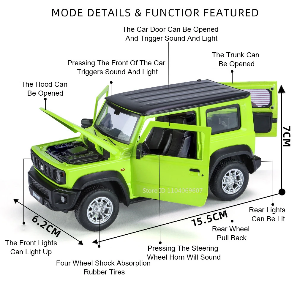 1:24 Suzuki Jimny Car Model Toys Alloy Diecast SUV 4 Doors Opened Pull Back Sound Light Shock Absorption Ornament Vehicles Gifts