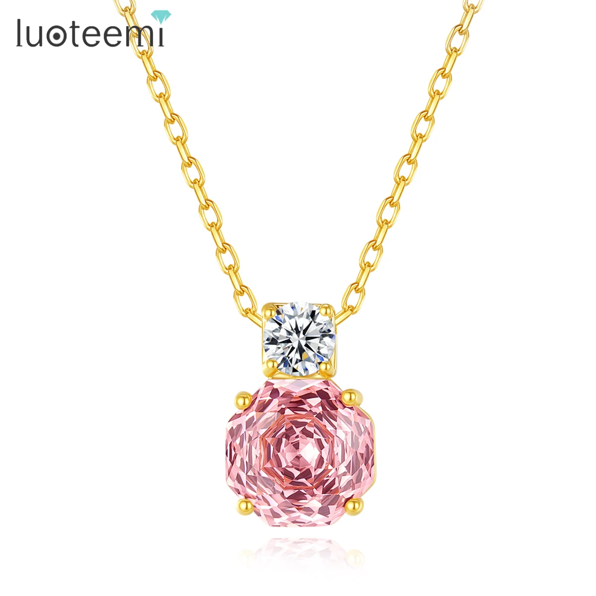 LUOTEEMI Millennium Rose Cut Octagonal Zircon Clear and Pink Classic Girls Trendy Link Chain Pendants Necklaces Fine Jewelry