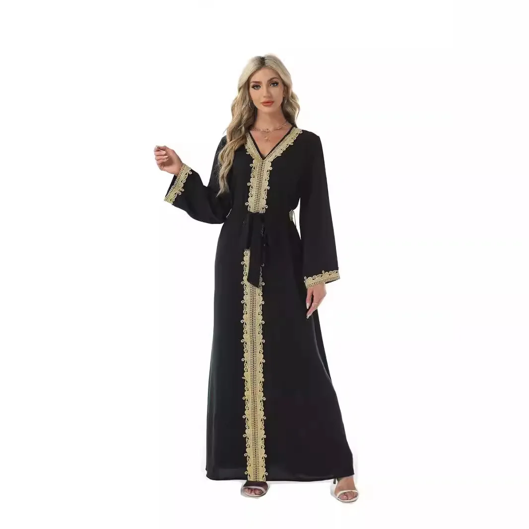 Arab Women Long Robe Embroidery Lace Up Vestidos Eid Muslim Party Ramadan Morocco Jalabiya Dubai Abayas Kaftan Islam Dress