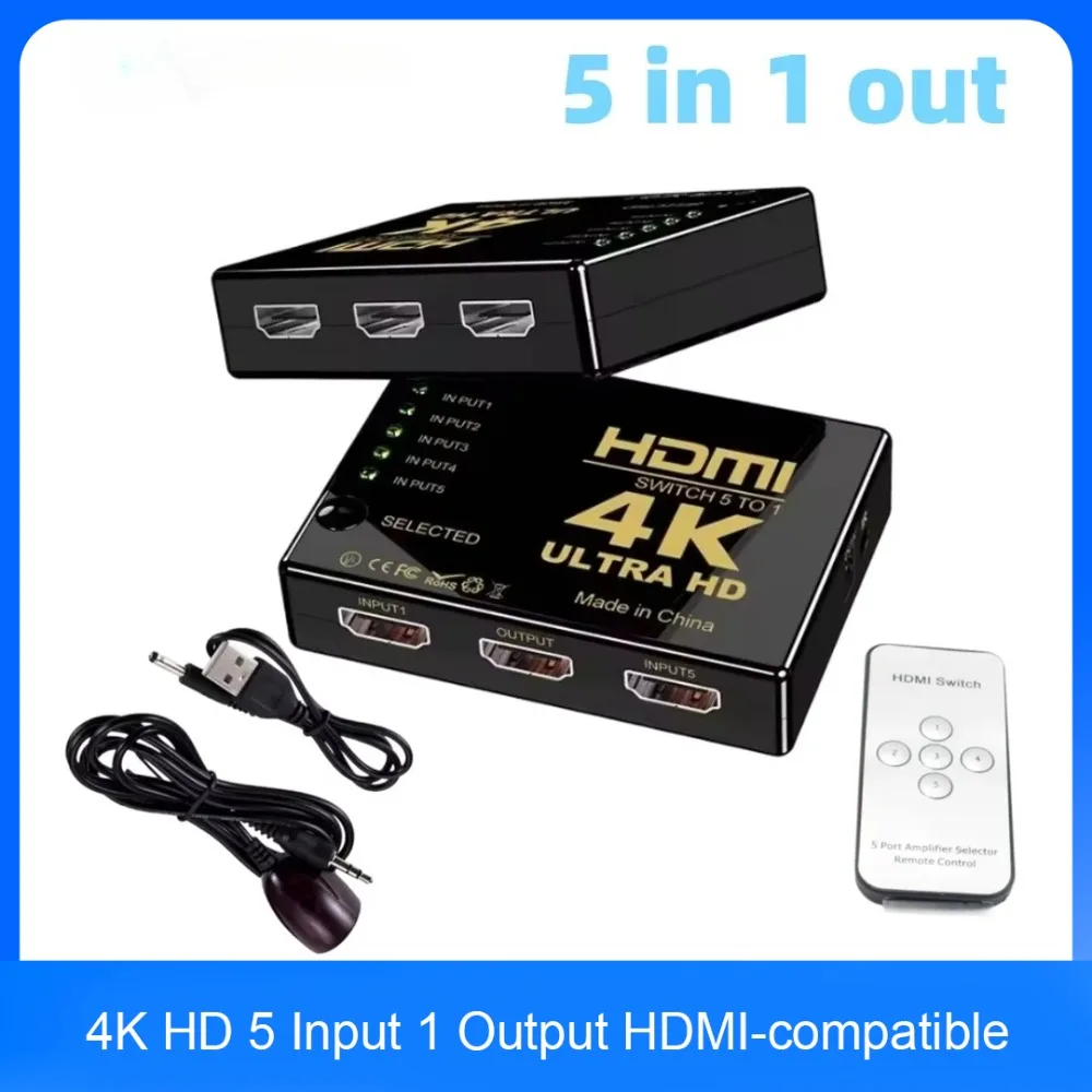 4K HD 5 Input 1 Output HDMI-compatible Video Switcher Switch with IR Remote Controller for Game Console DVD HDTV PC Laptop TV