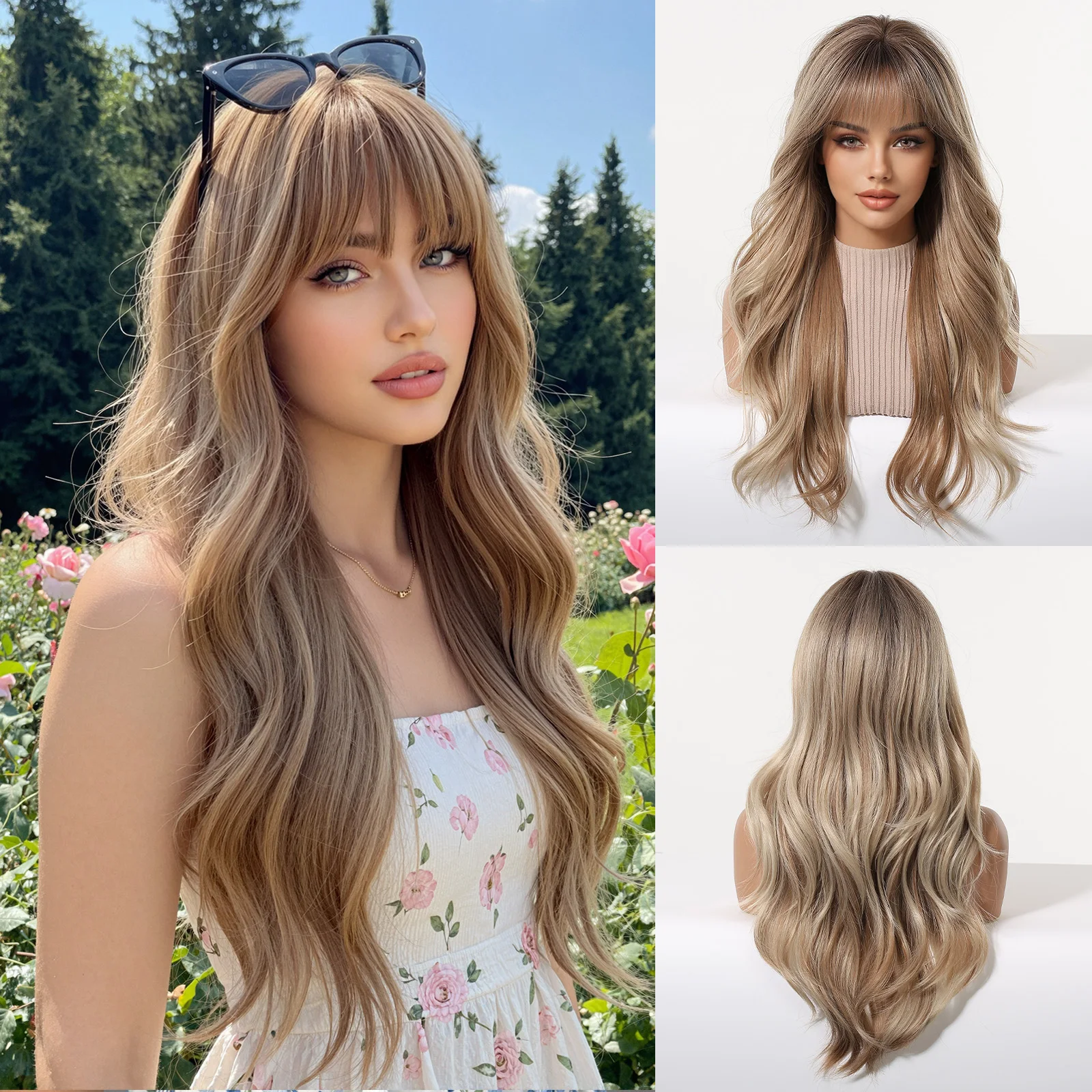 Long Wavy Blonde Wig With Bangs Light Brown Ombre with Black Root Synthetic Heat Resistant Natural Looking For Women Daily Wear