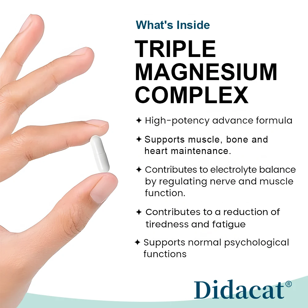 Triple Magnesium Supplement - Magnesium Glycinate, Citrate & Malate - Chelated & Purified, Nervous System, Bone, Heart & Muscle