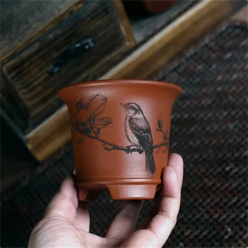 Ceramic Bonsai Pot,Carved Squirrel Pattern,Purple Sand Flower Pot,Small Vase, Indoor Flower Pot,Garden Deoctation
