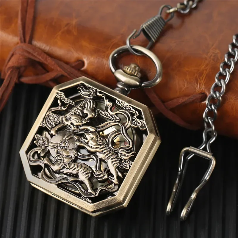 ronze Pocket Watch Hollow Double Tigers Case Men Women Handwinding Mechanical Watches with Pendant Chain Roman Number Clock