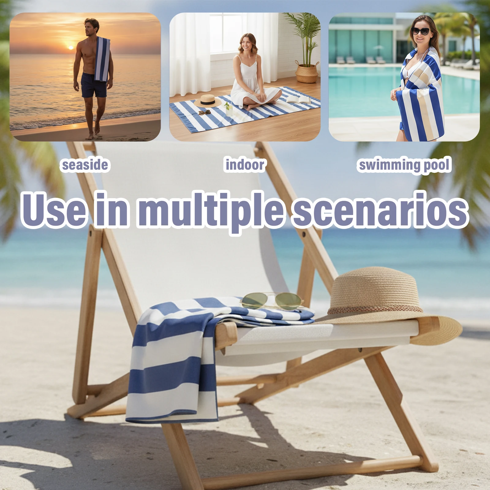 Striped Microfiber Beach Towel 90×180cm Sand Proof Quick Dry Large Bath Towel with Storage Bag for Pool Seaside Travel