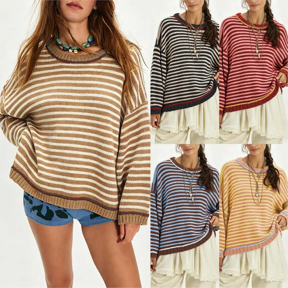 MsChuh Clothing Striped Crew Neck Sweater Oversized Long Sleeve Women's Sweaters And Pullovers Casual Autumn Winter Loose Street