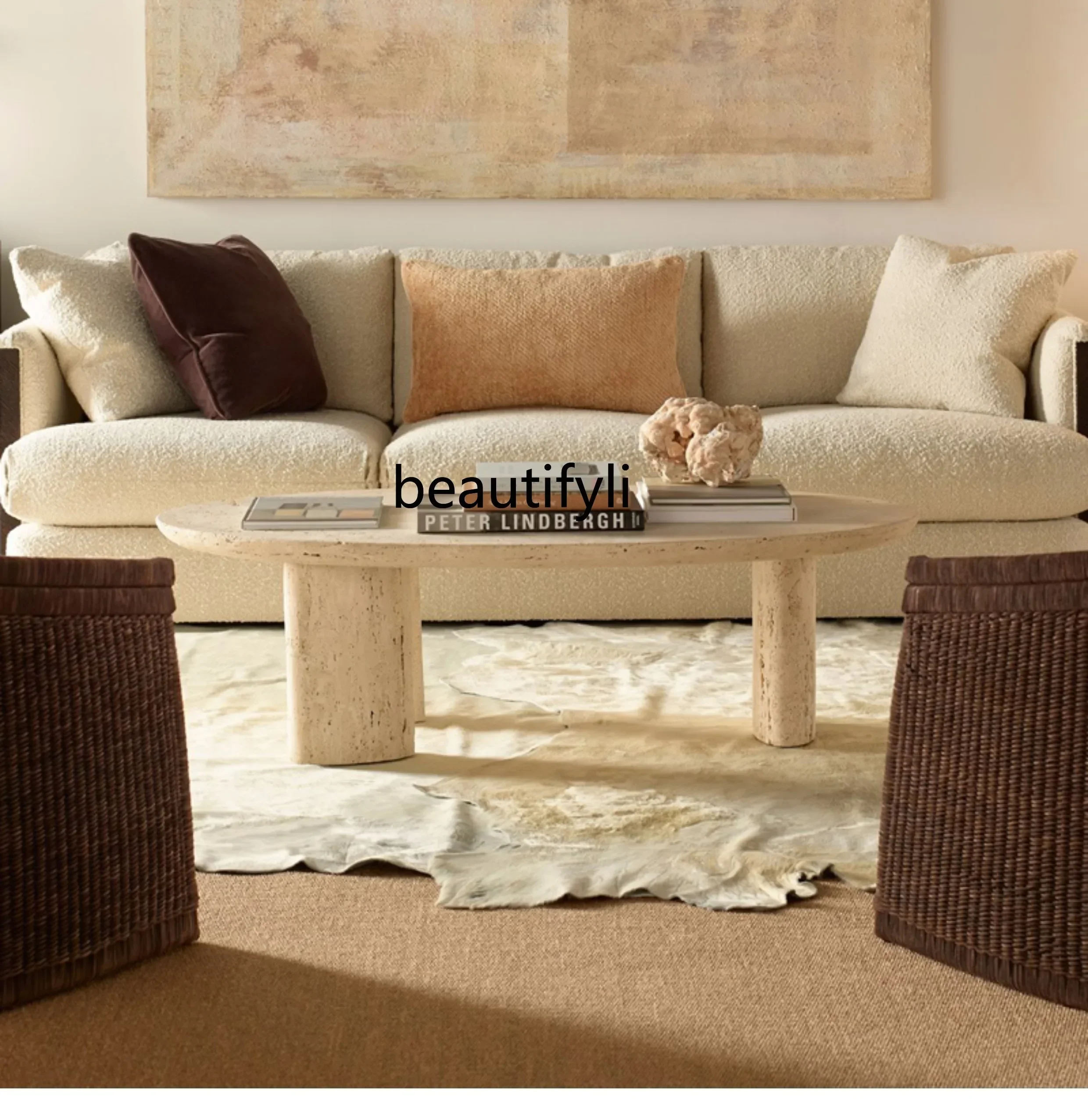 Wabi-Sabi Style Natural Travertine Coffee Table Designer Living Room Sofa Coffee Table Travertine Villa Tea Table