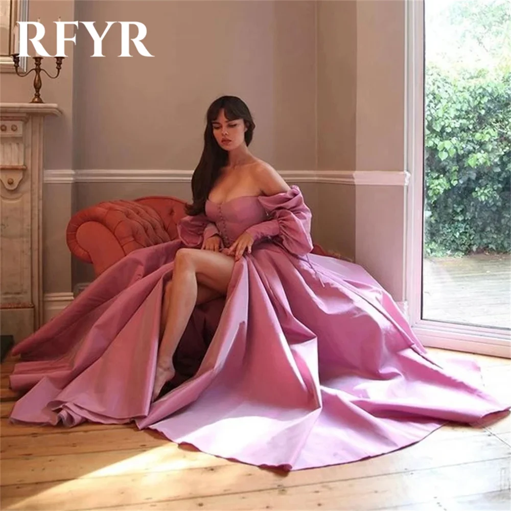 RFYR Pink Prom Dresses Strapless A-Line Evening Dresses Off The Shoulder Plaets Satin Party Dress Vestidos De Noche  Customized