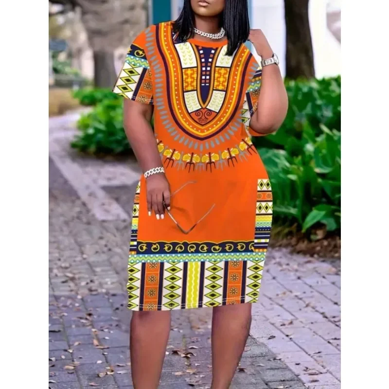 

Плюс размер 1XL-5XL женское модное платье с круглым вырезом и принтом в этническом стиле, элегантные и удобные платья с короткими рукавами