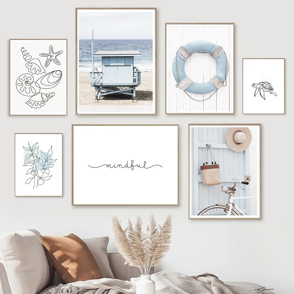 Sunrise Sea Guard  Posters Beach Squiggly Shells Painting Waves Bike Turtle Canvas Prints Wall Art Sea Photography Home Decor