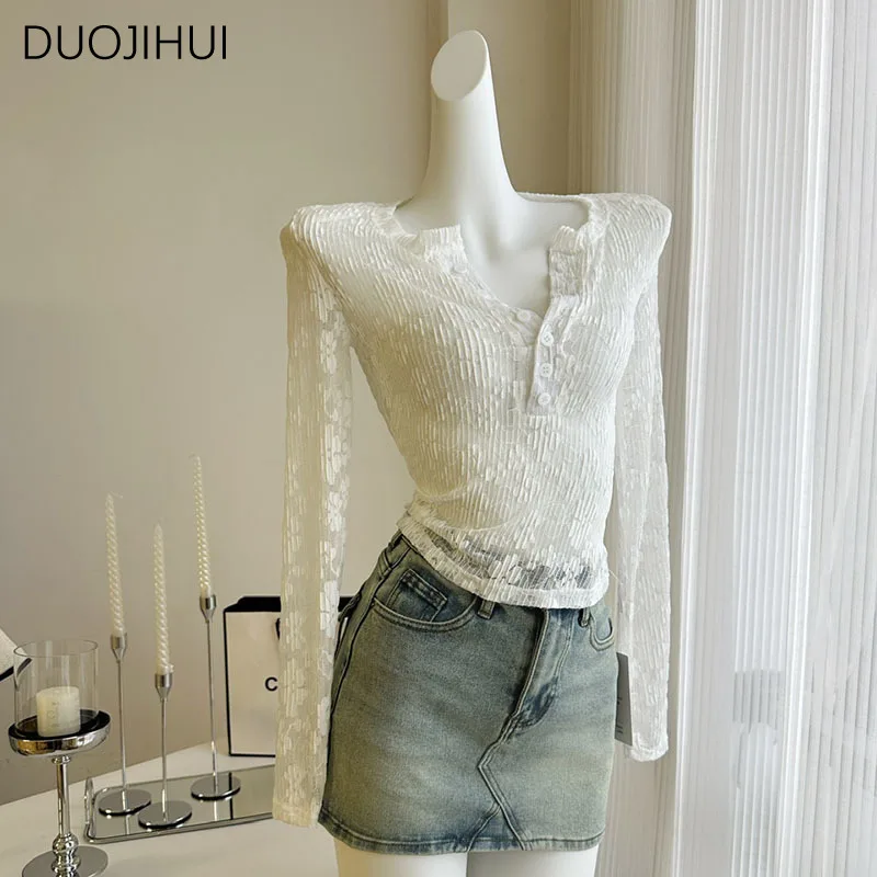 

DUOJIHUI Korean Chic Button O-neck Slim Women Blouse New Basic Long Sleeve Fashion Lace Simple Classic Solid Color Female Blouse