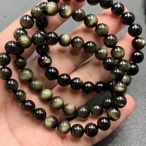 Natural dourado obsidiana pedra contas pulseira masculino feminino luz dourada arco-íris obsidiana pedra bruta grânulo redondo jóias de energia natural 10 principais vendas obsidiana pulseira - №3
