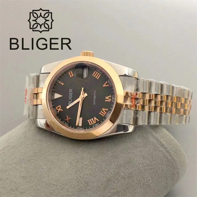 BLIGER Two Tone Rose Gold Jubilee Bracelet Men Watch 36mm/39mm NH35A Automatic Roman Numbers Grey Dial Sapphire Glass