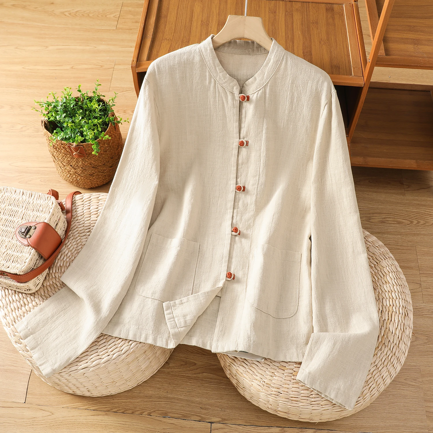 Nuevo chino Sle mujer largo Sve algodón lino irt primavera otoño nuevo modelo cárdigan abierto abrigo nacional Sle Stand Coll...