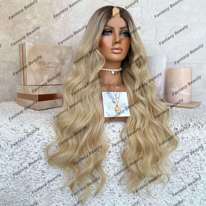 

Long 28Inches Water Wavy Human Hair Glueless 1x4 Middle U Part Wigs Easy Wear Full Ends Ombre Sandy Blonde Opening V Part Wigs