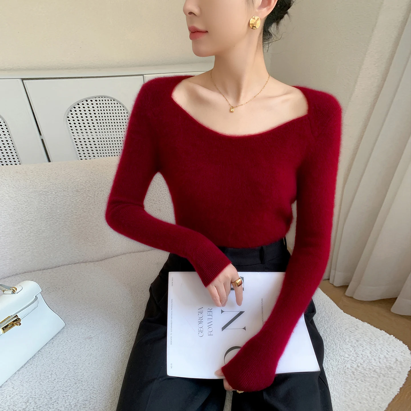 Autumn/Winter New Women's 100% Pure Cashmere Pullover Casual Solid Knitted Sweater Slim fit Drawstring V-neck Tops Warm Jumper