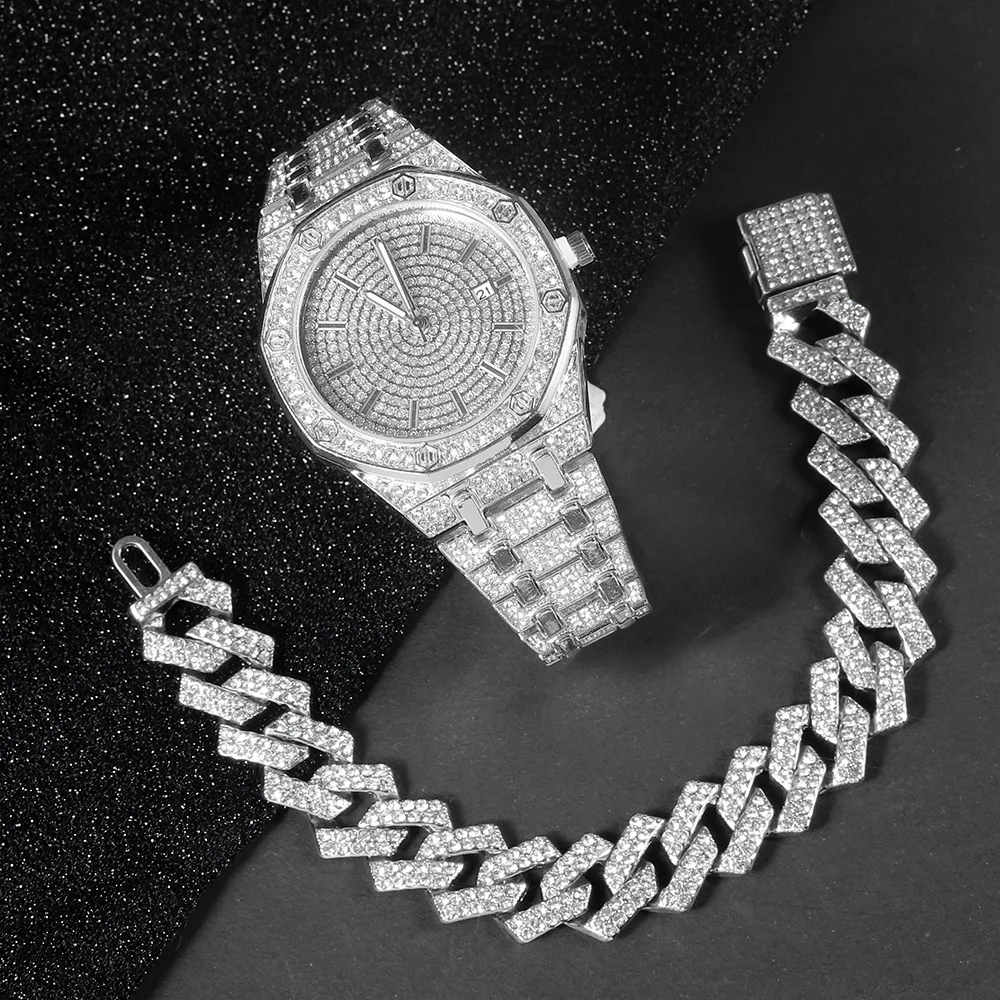 

2pcs Men's Silvery Watch Jewelry Set Hip-hop Punk Cool Inlaid Diamond Octagon Watch+Cuban Chain Bracelet Stylish Men Women Gift