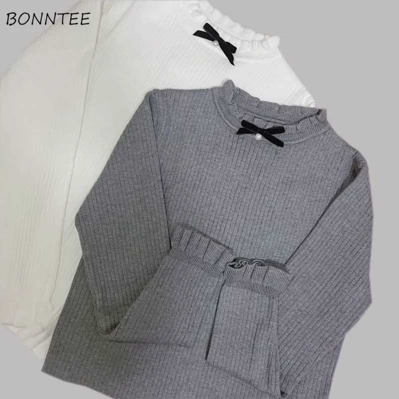 

Knitted Sweaters Women Slim Sweetheart Ruffled Collar Ulzzang Inside Clothes Chic Design Japanese Harajuku Simple Autumn Popular