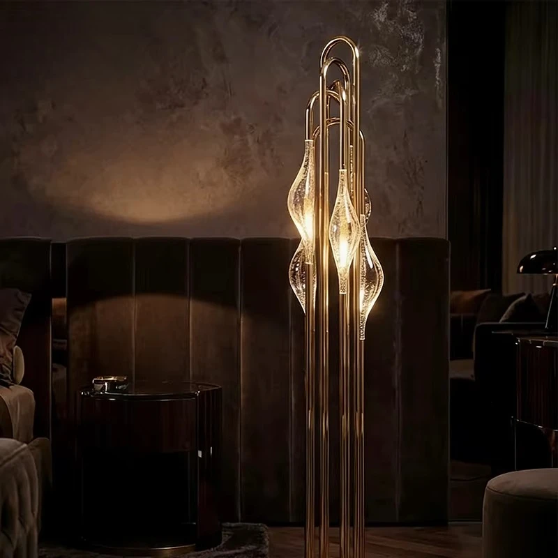 Modern Amber Bubble Glass Floor Lamp - Chrome Tubular Vertical Light for Living Rooms and Bedrooms