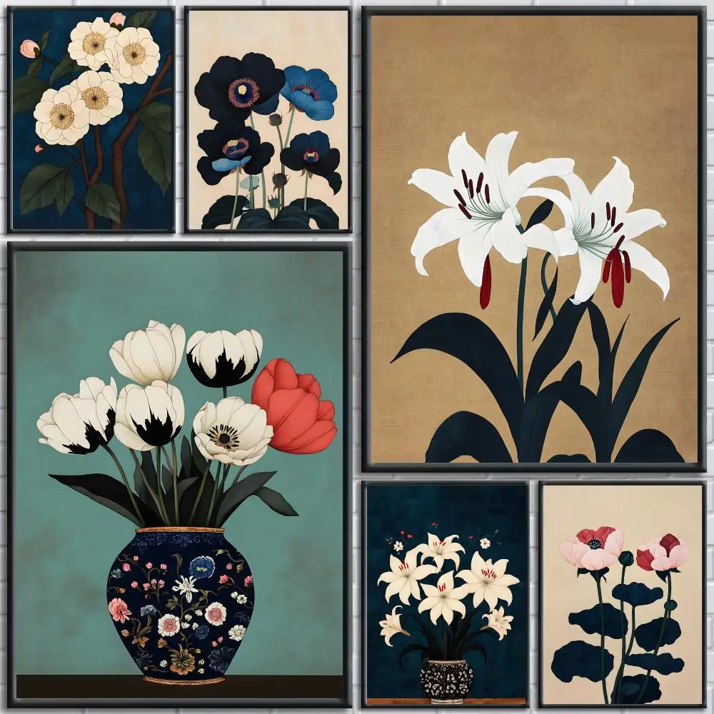 Vintage Art Retro Chinese Flowers Poster HD Self-Adhesive No Residue After Removal Ideal for All Kinds of Wall Decor