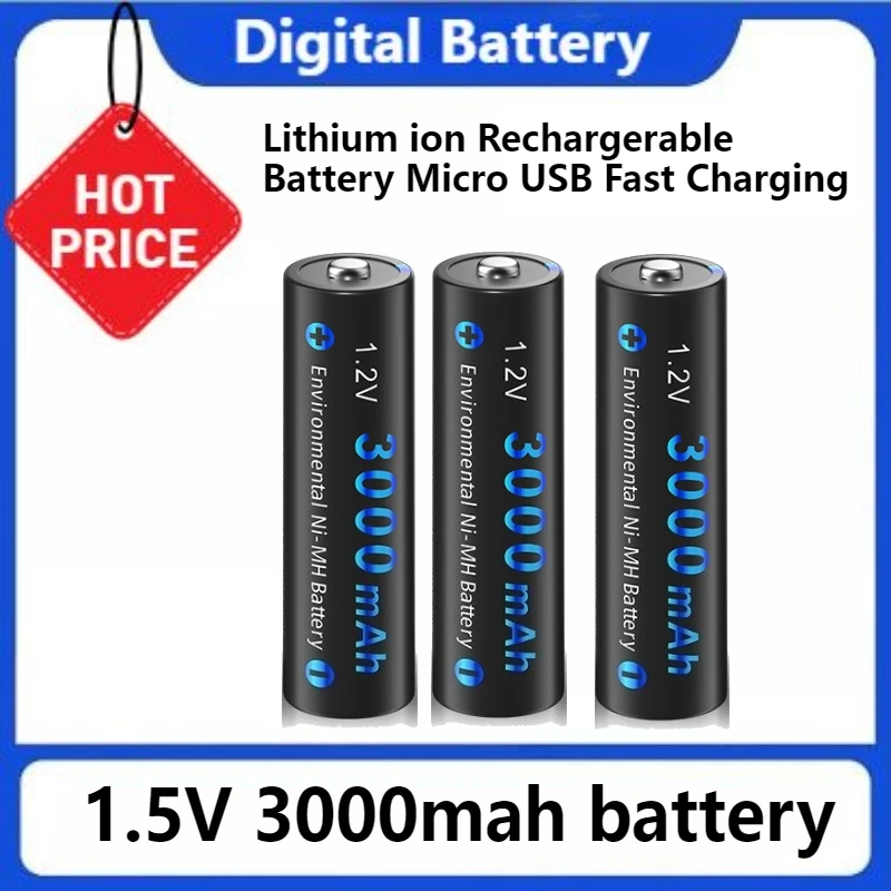

1.5V AA Lithium Ion Rechargerable Battery Micro USB Fast Charging AA Batteri 1.5V 3000mah High-capacity Battery