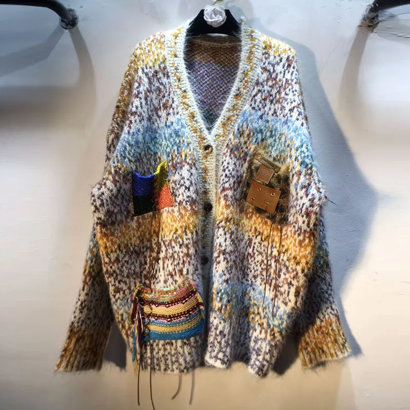 2025 Autunno Inverno Nuovo stile europeo Patchwork Stampa leopardata Tasca colorata Giacca cardigan maglione a blocchi di colore allentato dimagrante