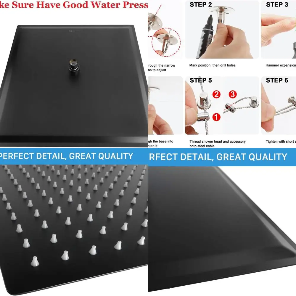 

16 Matte Black High-Flow Square Shower Head, Stainless Steel Rainfall with Waterfall Effect, Wall or Ceiling Mount Shower System