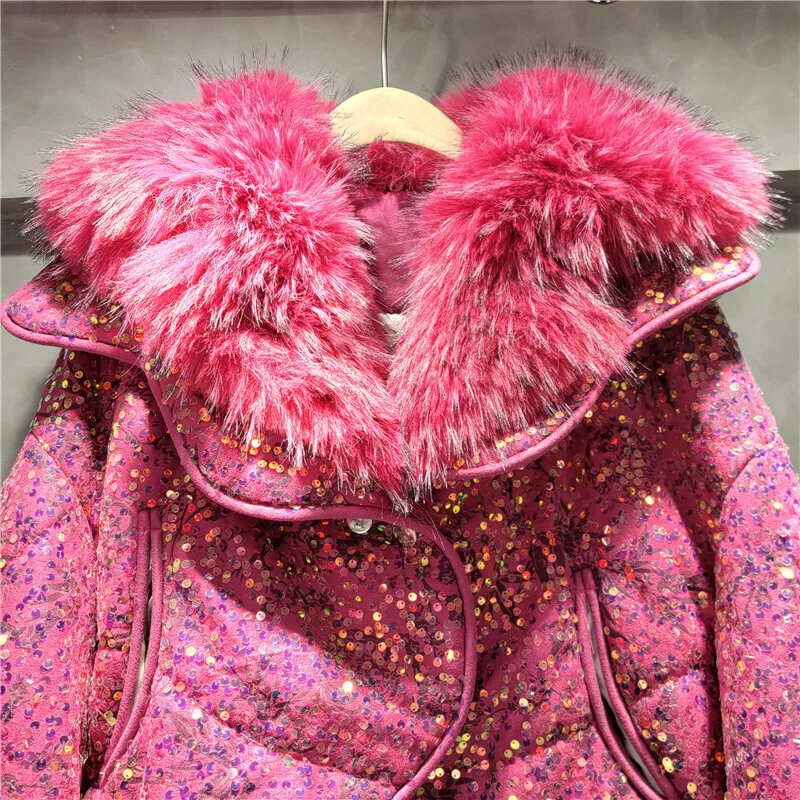 DEAT Women\'s Cotton Padded Coat Loose Pink Purple Sequins Batwing Sleeve Fur Collar Thick Jacket 2024 Winter New Fashion 33A2046