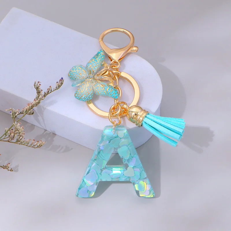 Fashion Green Heart Glitter Letter Keychain A To M Alphabet Butterfly Tassel Pendant Car Keyring Women GIft Accessories