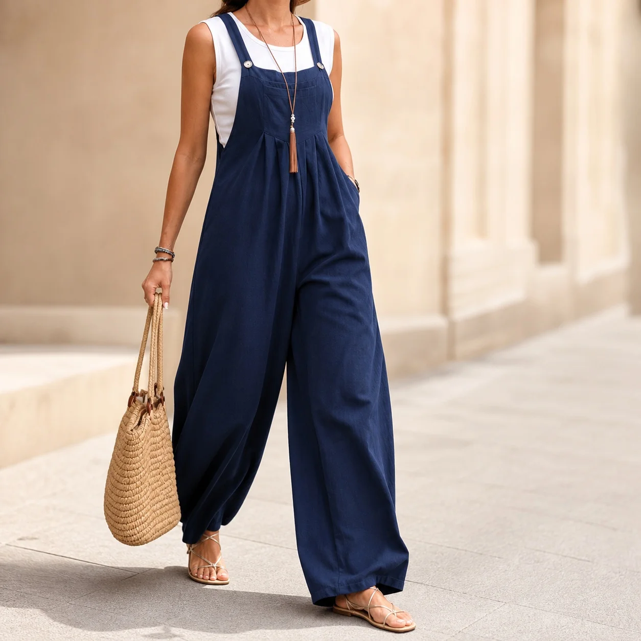 Women's And For Women Retro Suspenders Mid Waist Cotton Straight Leg Long Pants Sweet Wide Leg Solid Color Casual Jumpsuit For