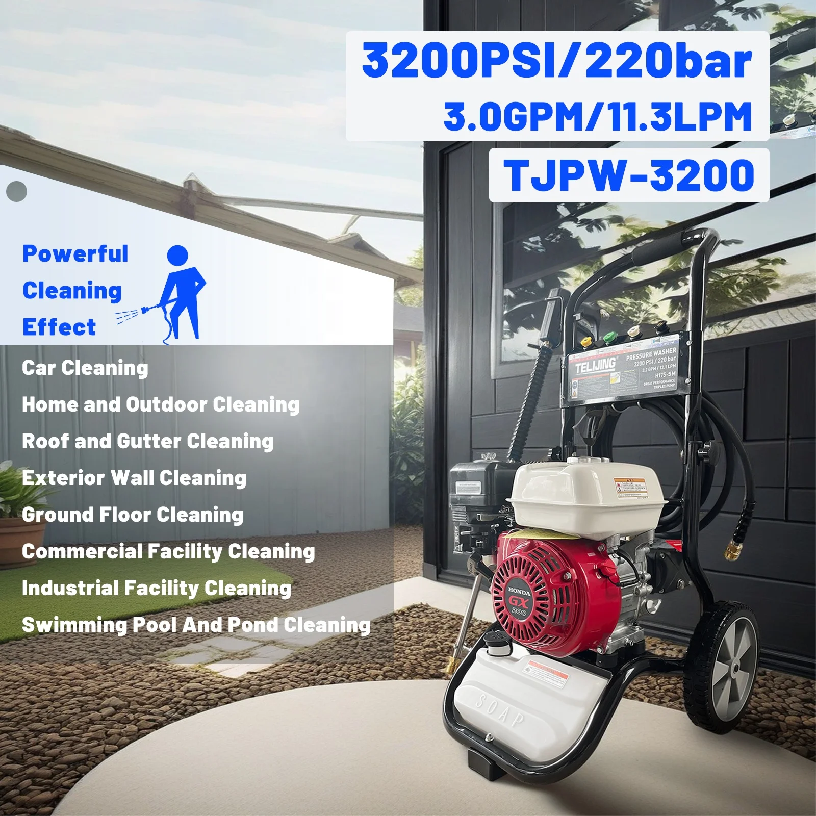 3200PSI/220bar Engine High Pressure Washerpowerful and Versatile Cleaning Tool Home and Outdoor Cleaning