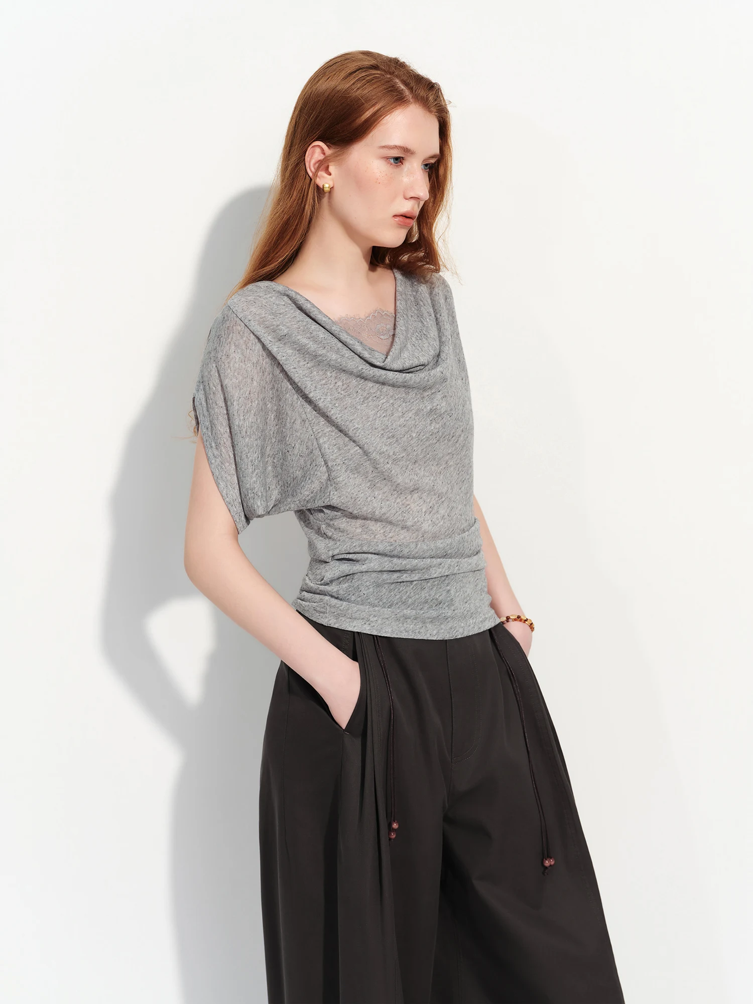 FSLE Elegant Slim-fitting Linen Short-sleeved T-shirt Swing Collar New Summer Style for Women 2026 Lace Patchwork Design