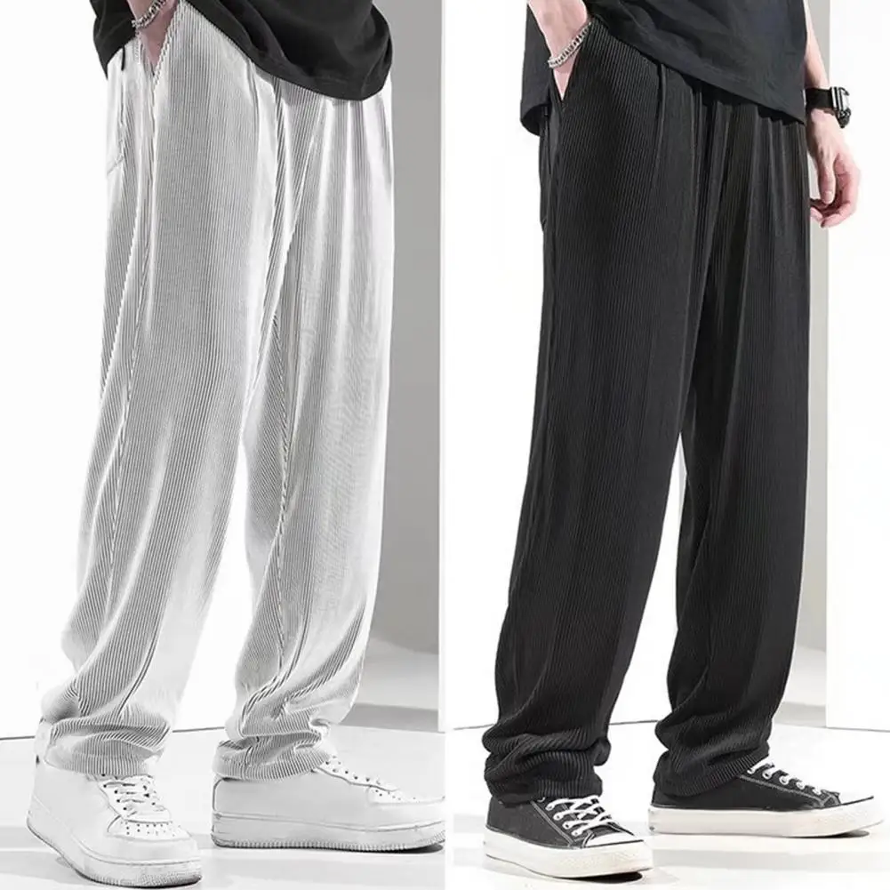 Solid Color Men Pants Japanese Style Men's Wide Leg Ninth Pants with Elastic Waist Side Pockets Solid Color Gym Traning Jogging