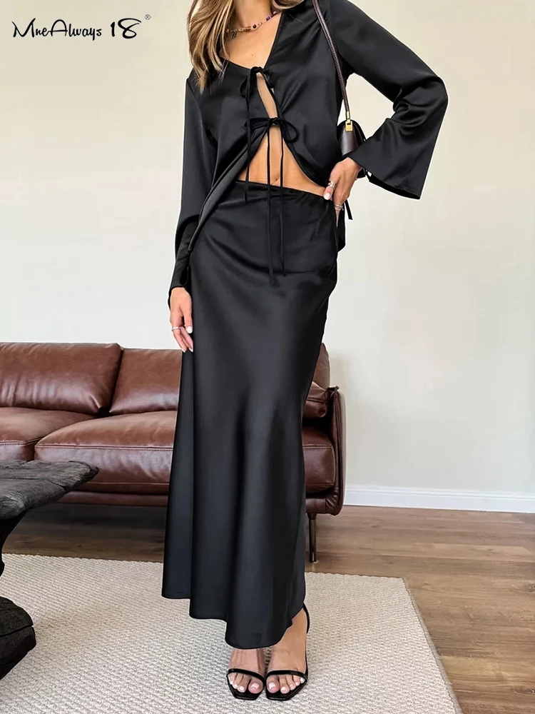 Mnealways18 Black Satin Skirts Sets Two Pieces Lace-Up Blouses And Ankle-Length Skirts Autumn Winter 2024 Women 2 Pieces Outfits