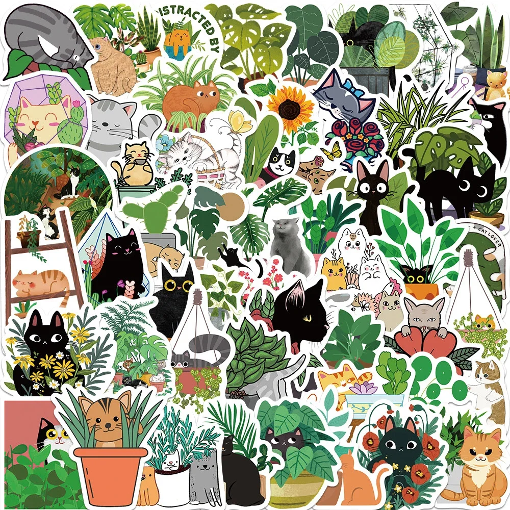 50PCS Kreative Pflanze Und Katze Aufkleber Cartoon PVC Aufkleber Lustige DIY Spielzeug Dekoration Telefon Koffer Laptop Kühlschrank Nette Aufkleber