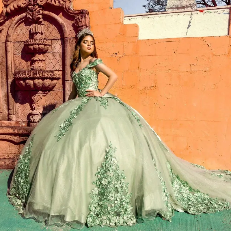 

Customized Sage Green Princess Quinceanera Dresses Ball Gown Corset Lace Appliques Beading Sweet 16 Dress Vestidos De 15 Anos