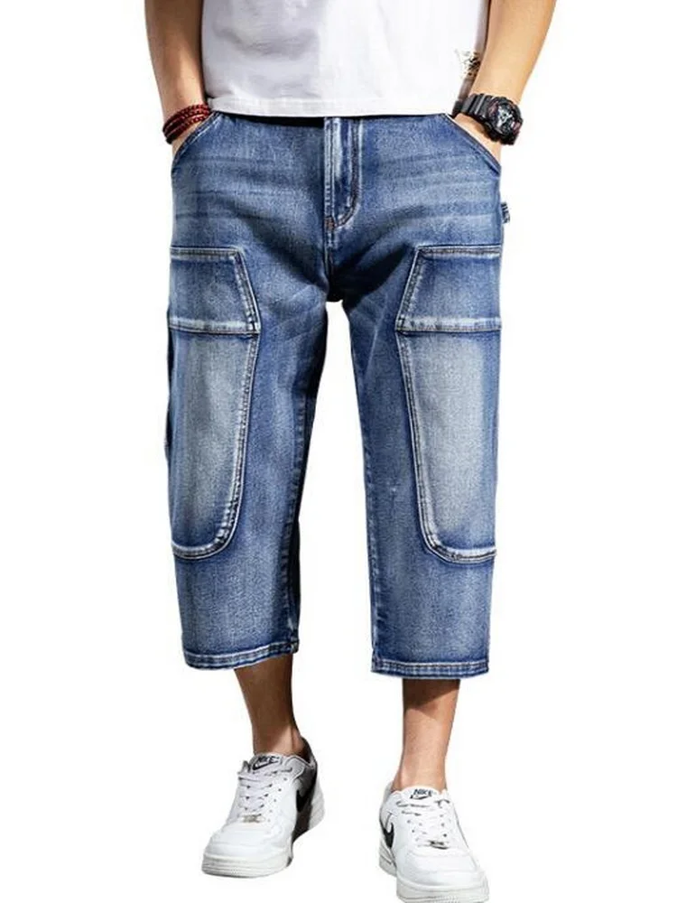 Mens Baggy Denim Shorts Fashion Streetwear Hip Hop Skateboard Cargo Hole Jeans Male Calf-Length Pants