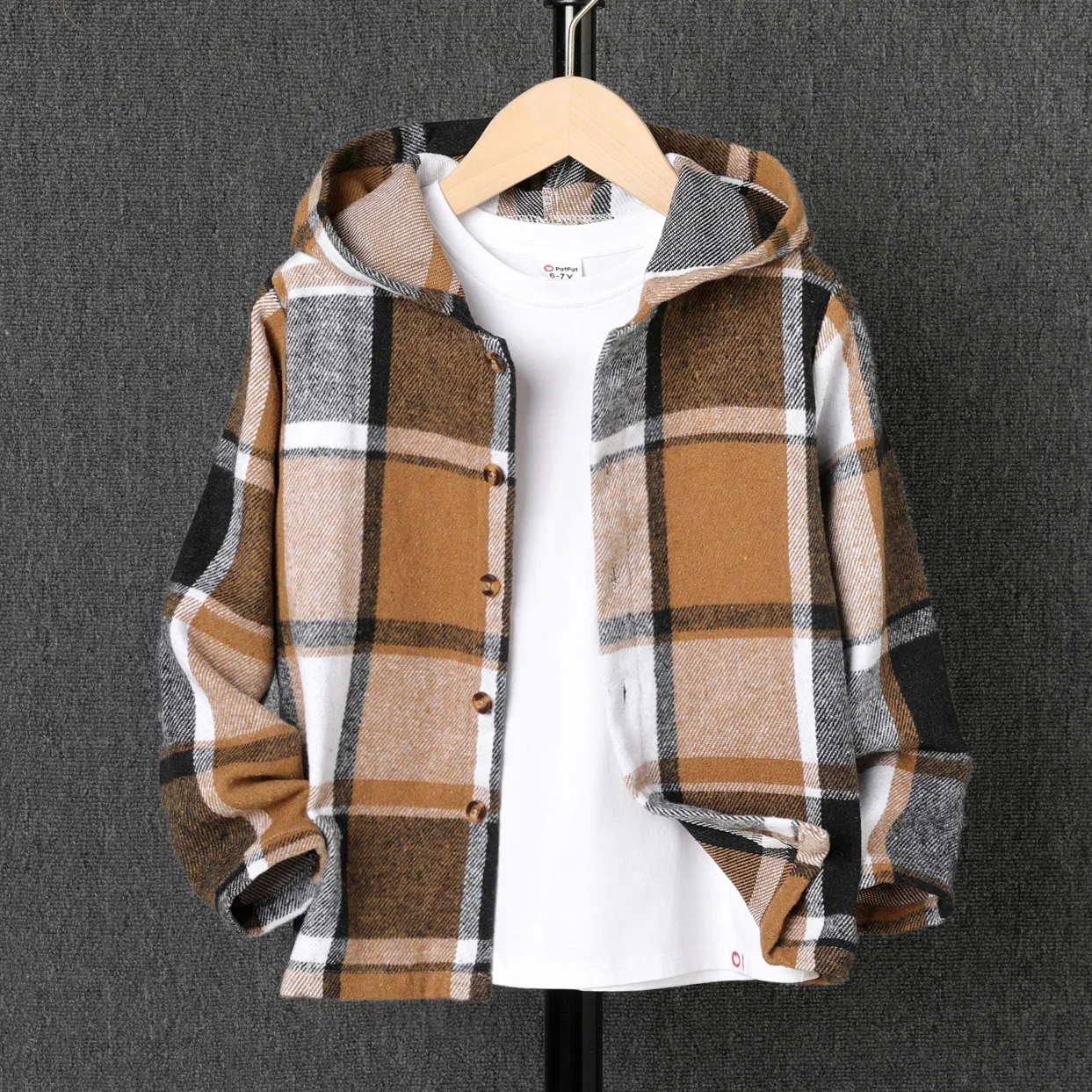 PatPat Kid Boy Hooded Plaid Long sleeves Shirt Jacket Casual/Outdoor Suitable for Autumn Season Soft and Comfortable