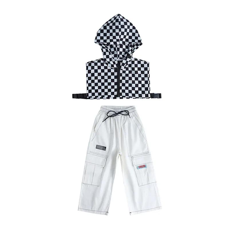 Kid Hip Hop Clothing Checkered Hoodie Vest Crop Top Tee White Wide Leg Baggy Cargo Pants for Girl Boy Jazz Dance Costume Clothes