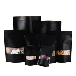 100PCS Black Kraft Paper Frosted Window Ziplock Gifts Bag Resealable Powder Sugar Ground Coffee Nuts Tea Snack Storage Pouches