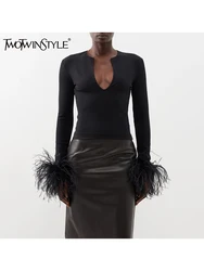 TWOTWINSTYLE Solid Spliced Feather Knitting Sweaters For Women V Neck Long Sleeve Temperament Pullover Sweater Female Fashion