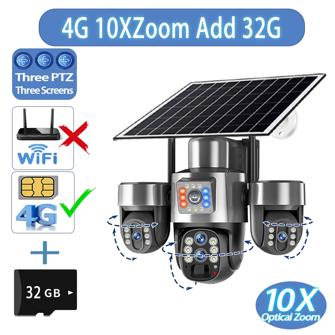 20MP 4 Lens 4G Solar Camera 10X Optical Zoom 3-PTZ Outdoor WiFi Three Screen Auto Tracking WiFi Surveillance Cameras V380 Pro image 3