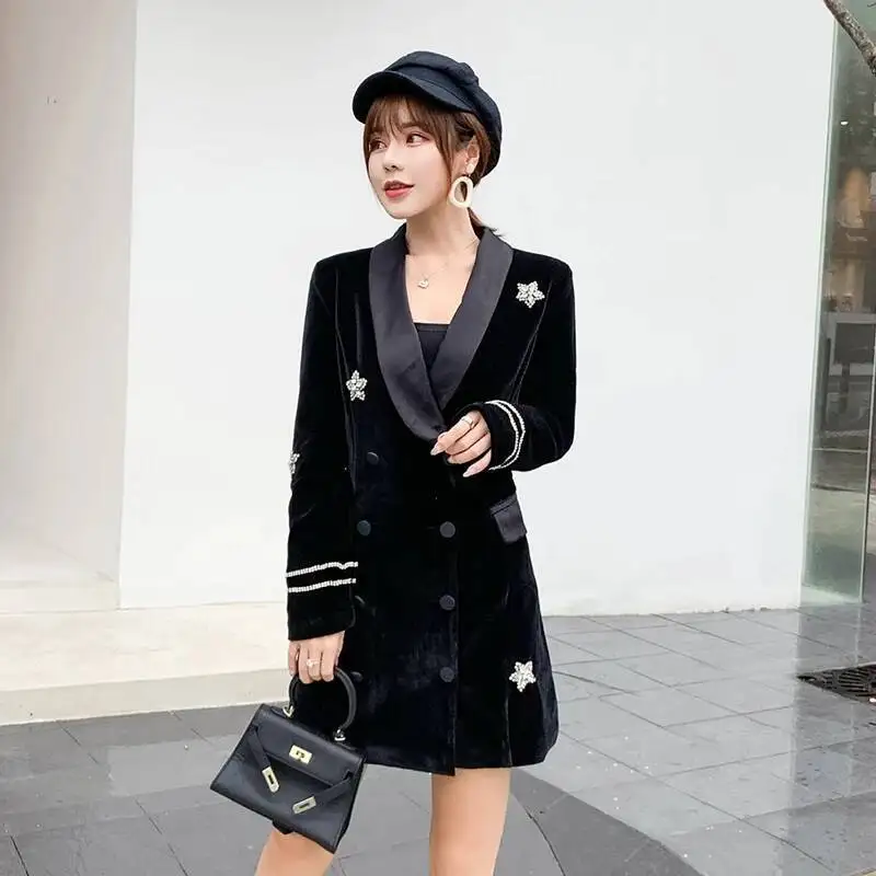 신상 벨벳 블랙 새틴 다이아몬드 스타 수트 드레스 여성 2025 가을 우아한 더블 브레스티드 긴 소매 오피스 드레스